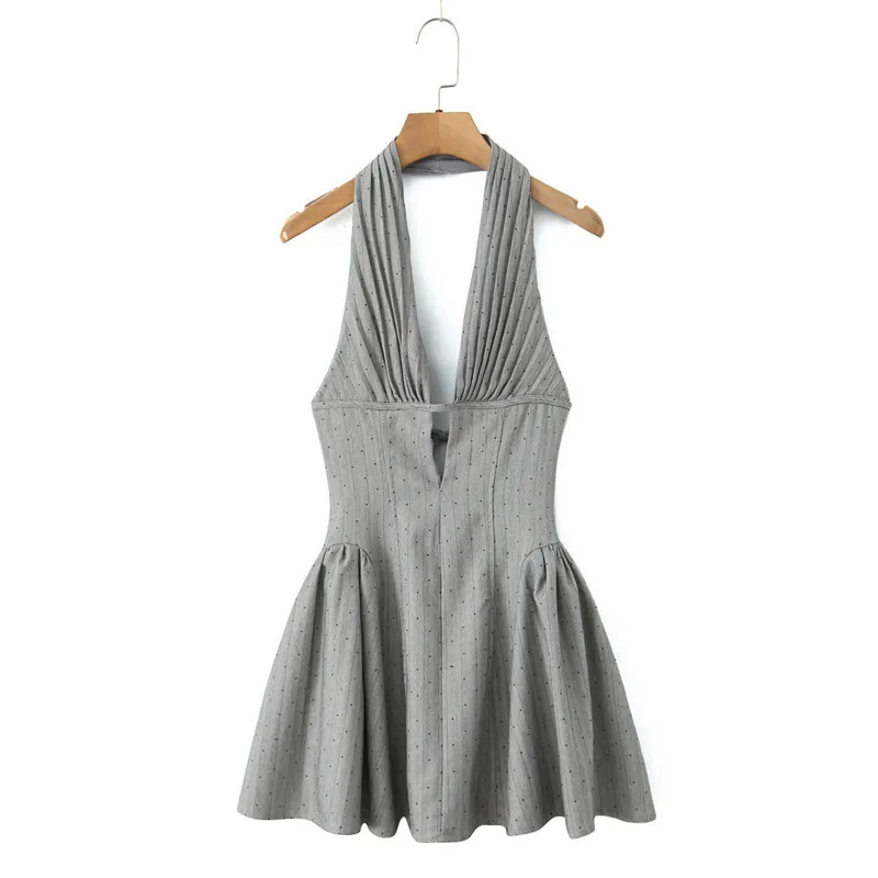HKSH صيف جديد المرأة Ins شارع العليا مثير الرسن العميق الخامس الرقبة عارية الذراعين البولكا نقطة Ruched الخصر Cinching فستان قصير HK6442