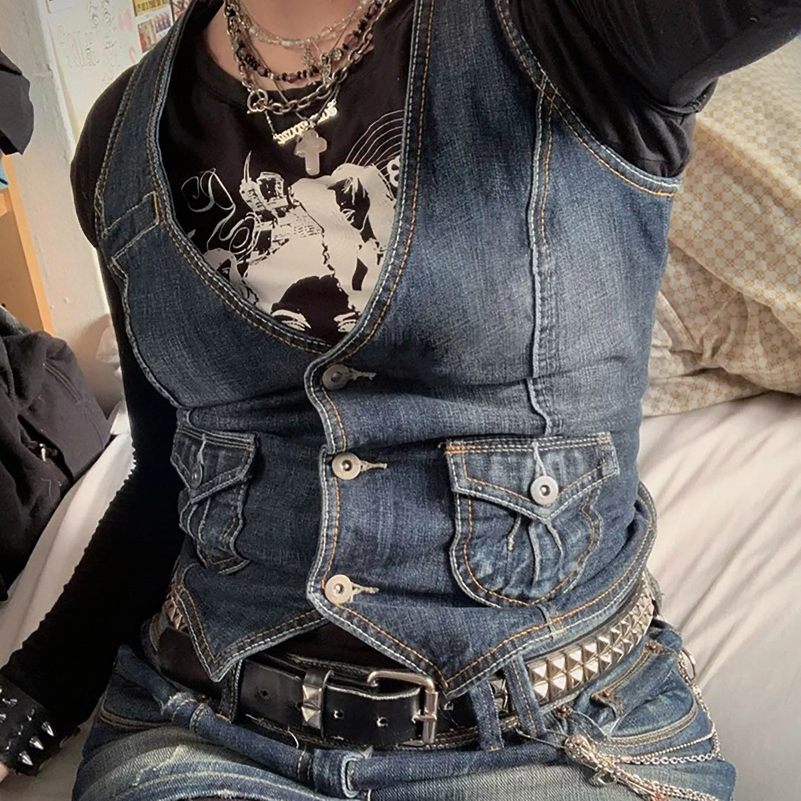 Denim Vest Cropped Sexy Fashion Jacket Corset Top Buttons V Neck Vintage Streetwear Women Tanks Sleeveless Tops Clothes Y2k