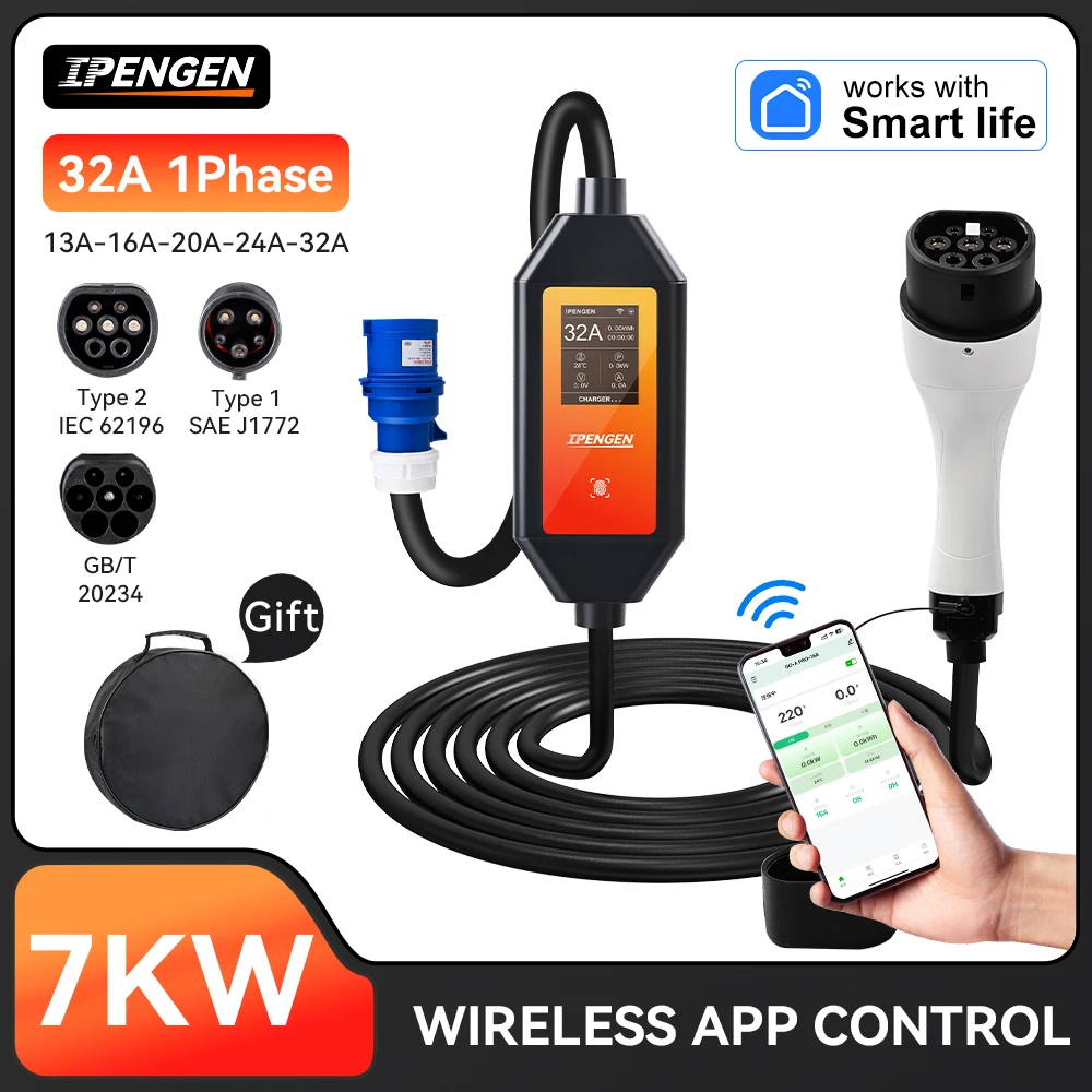 

IPENGEN Type 2 Portable EV Charger 7KW 32A 1Phase Wallbox Type1/GBT EVSE Fast Charging Cable CEE Plug WIFI APP Wireless Control