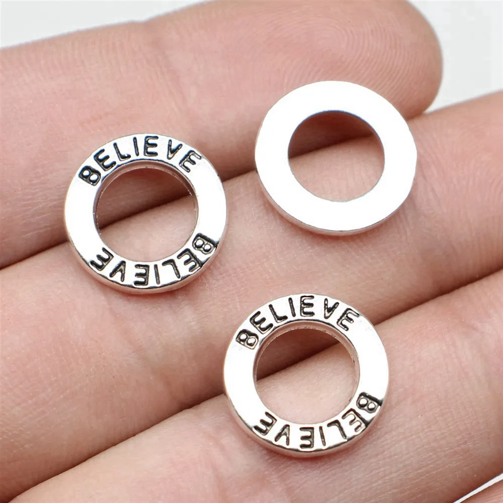 10pcs/lot 14x14mm Believe Circle Charms For Jewelry Making Antique Silver Color 0.55x0.55inch