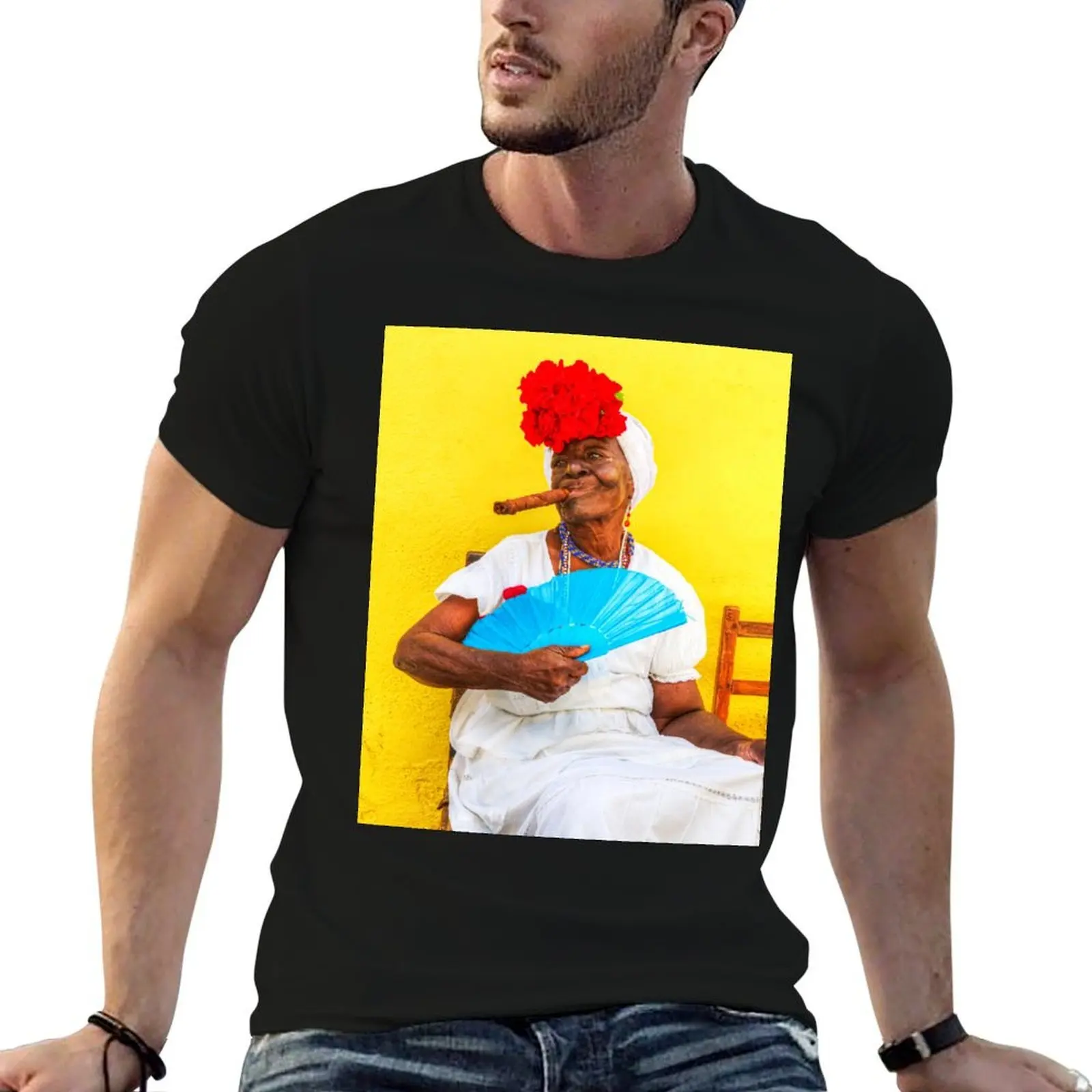 Cuban Woman In Havana With Cigar T-Shirt Casual Simple Design Short Sleeve Shirt