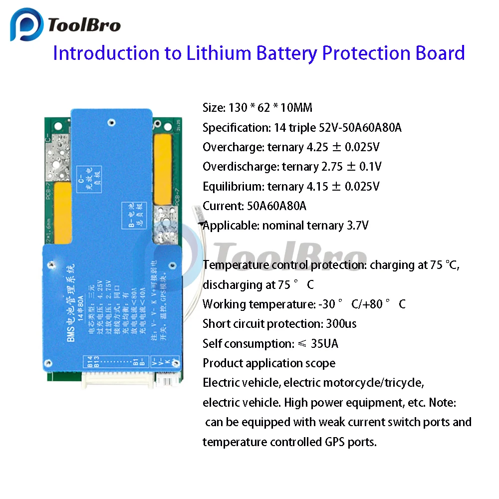 BMS 14S 80A 60A 50A 48V 52V 18650 Lithium Battery Balancer Charge Board Temperature Control Short Circuit Protection for E-bike