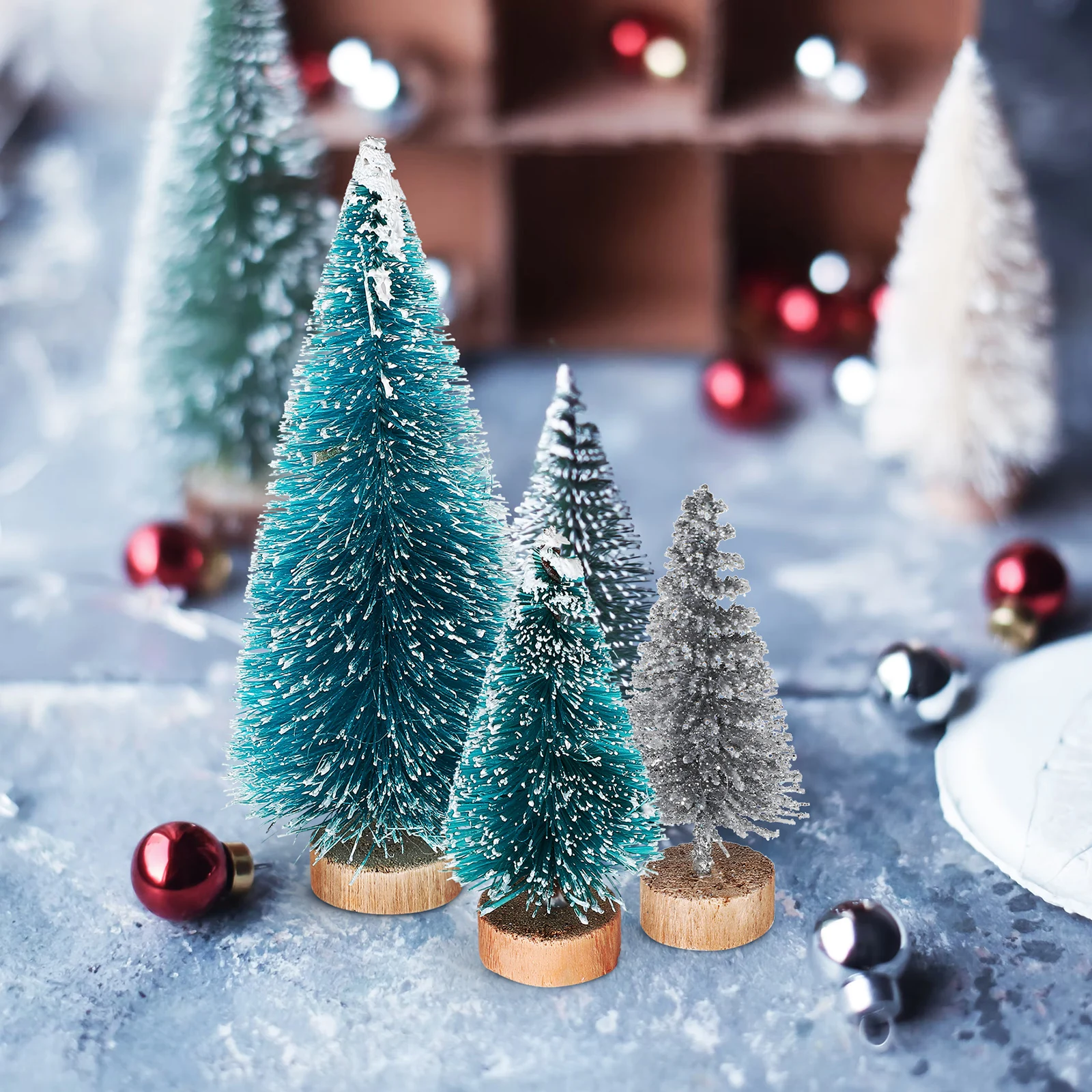 

28 Pcs Wooden Mini Christmas Tree Small Decor Miniature Plastic Snow Pine Trees