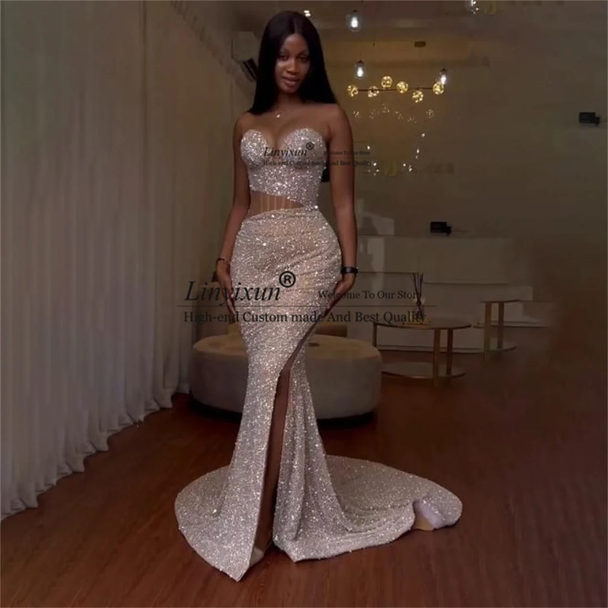 Glitter Sequins Mermaid Prom Dresses Sleeveless Sexy Side Slit Formal Evening Party Gown Long Court Train vestidos de gala