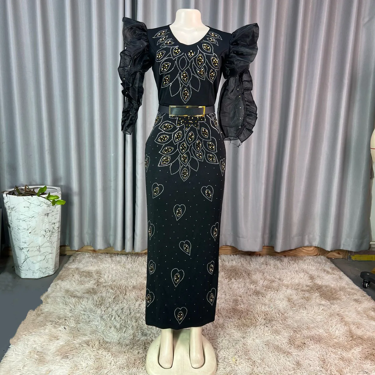 

Африканское платье для женщин для вечерних мероприятий, элегантное африканское платье из сетки с рукавами 3/4, полиэстер, облегающее, длинное макси-платье с бриллиантовым декором.