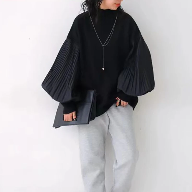 Autumn and Winter Japanese and Korean High Neck Spliced Pleated Long Sleeved Knitted Loose Casual Sweater Jacket for Women