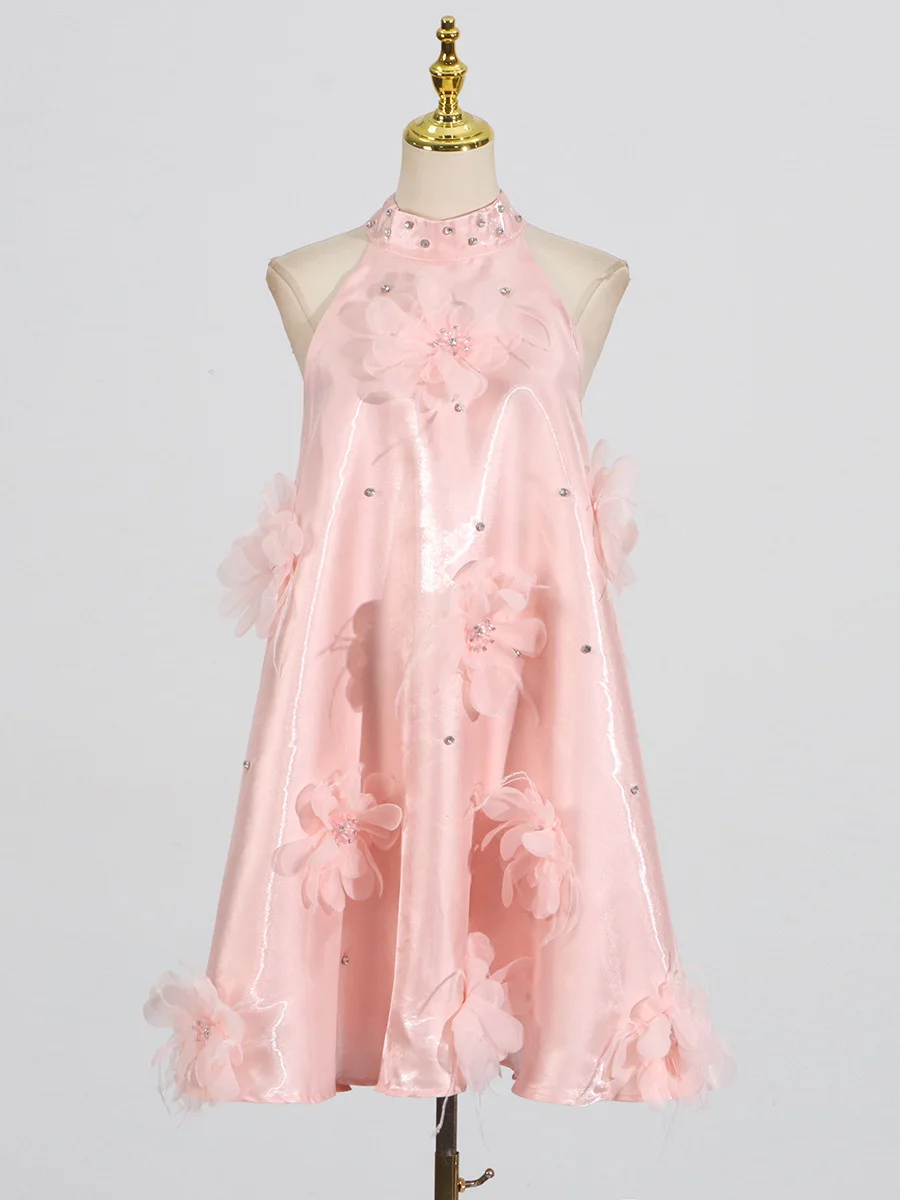 Elegant Pink 3D Floral Prom Evening Dress Luxury Backless Halter Short Dress Round Neck Loose Party Off Shoulder Party Dress