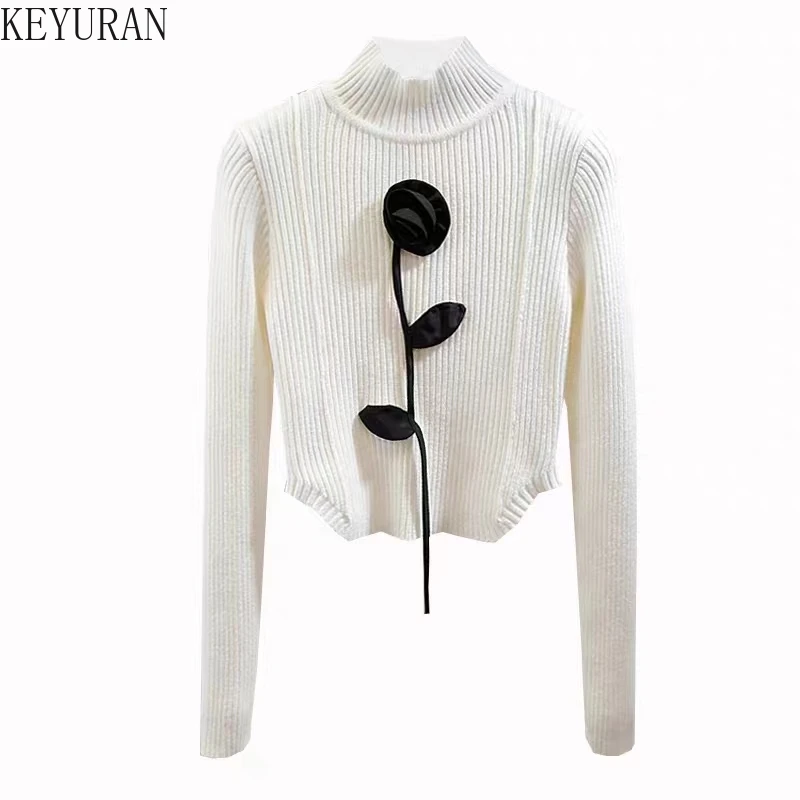 Irregular Sweet Three-dimensional Flower Sweater Women 2023 Autumn Fashion High Neck Long Sleeve Slim Fitting Short Knitted Tops