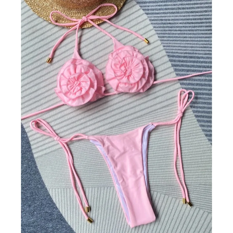 

Женские комплекты бикини из двух предметов с завязками и поясом, 3D цветочный купальник-бандо, купальные костюмы