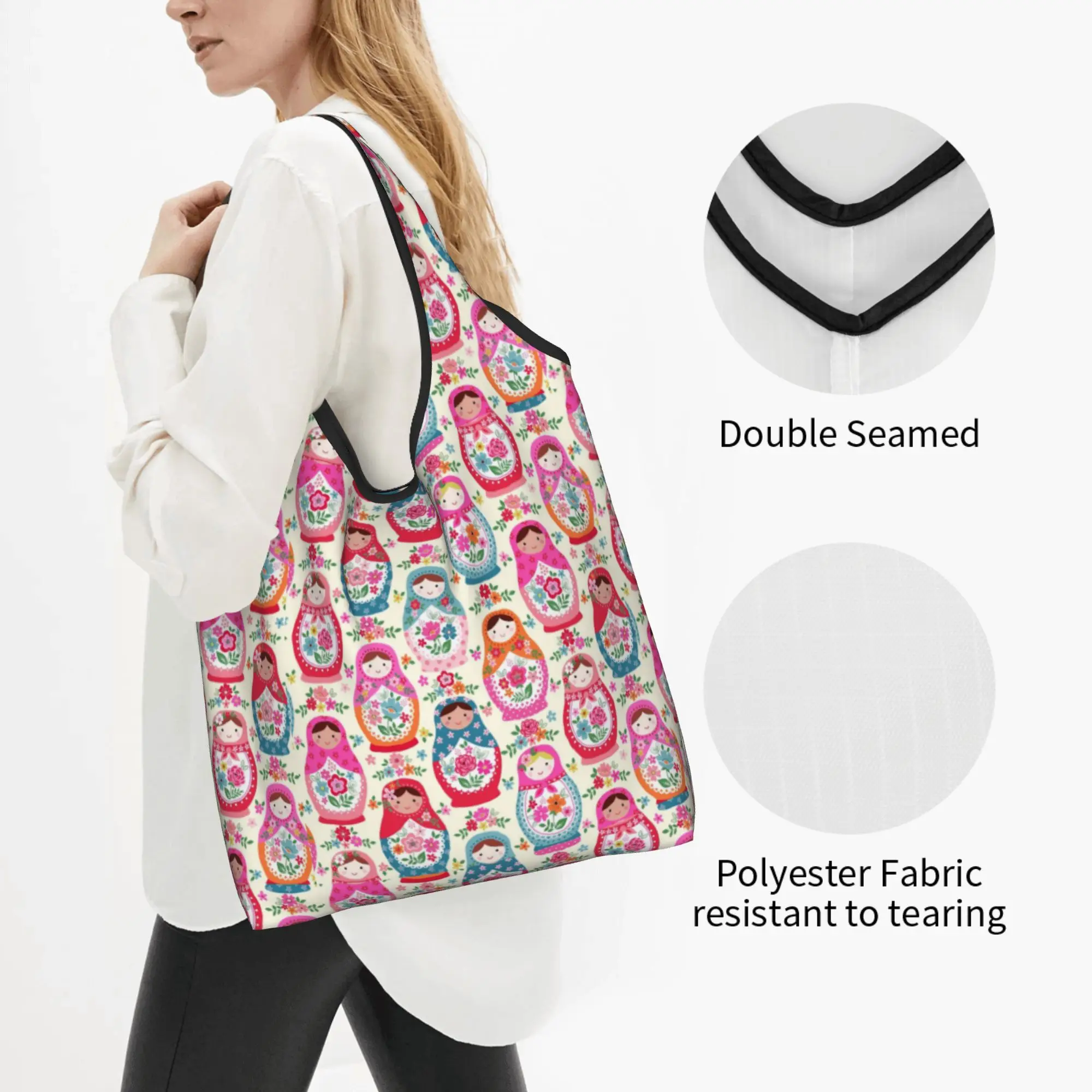 Kawaii Print Matryoshka Doll Russia Russian Folk Art  Tote Shopping Bags Portable Shoulder Shopper  Handbag