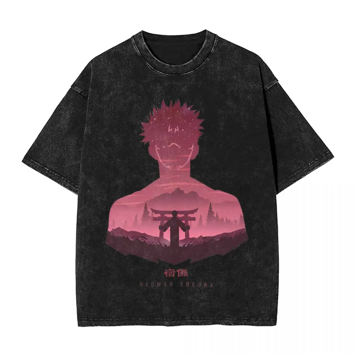 Washed T Shirts Ryomen Sukuna Premium Red Silhouette T-Shirts Street Anime Jujutsu Kaisen Short Sleeve Tops Tees Men Women