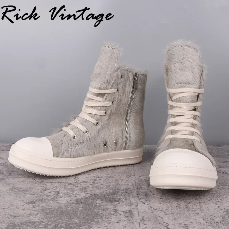 Rick Vintage Knight  Women Ankle Boots Horse Hair Upper High Quality Handmade Men Boots Modern Fashion Female High Top Shoes