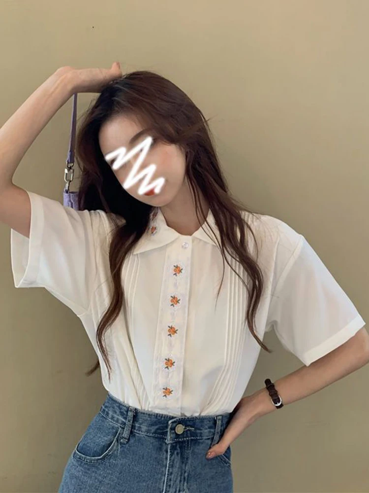 Zoki Vintage Print Sweet White Shirt Japan Loose Embroidery Blouse Summer Elegant Short Sleeve Preppy Style Female Casual Tops