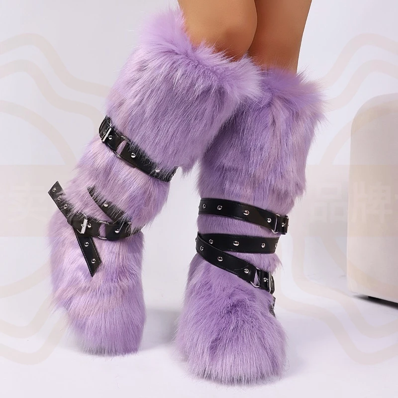 Fashion Women's Shoes Exquisite Plush Ultra Warm Snow Boots for Woman Trend Buckle Knee High Boots Designer Shoes Botas De Mujer