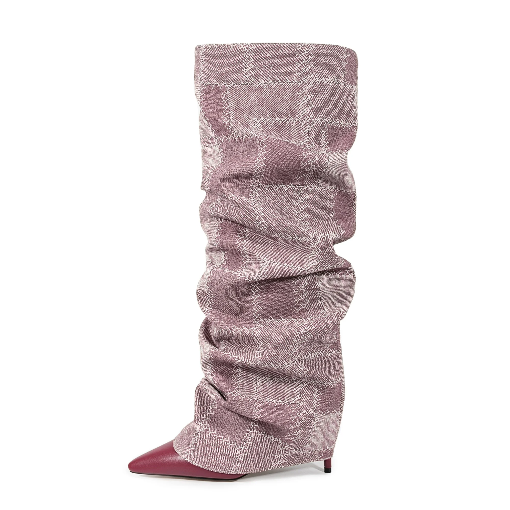 

Arden Furtado Winter Pleated Trouser legs boots Pointed toe Turned-over Edge Stiletto heel plaid Knee high boots Women's Boots