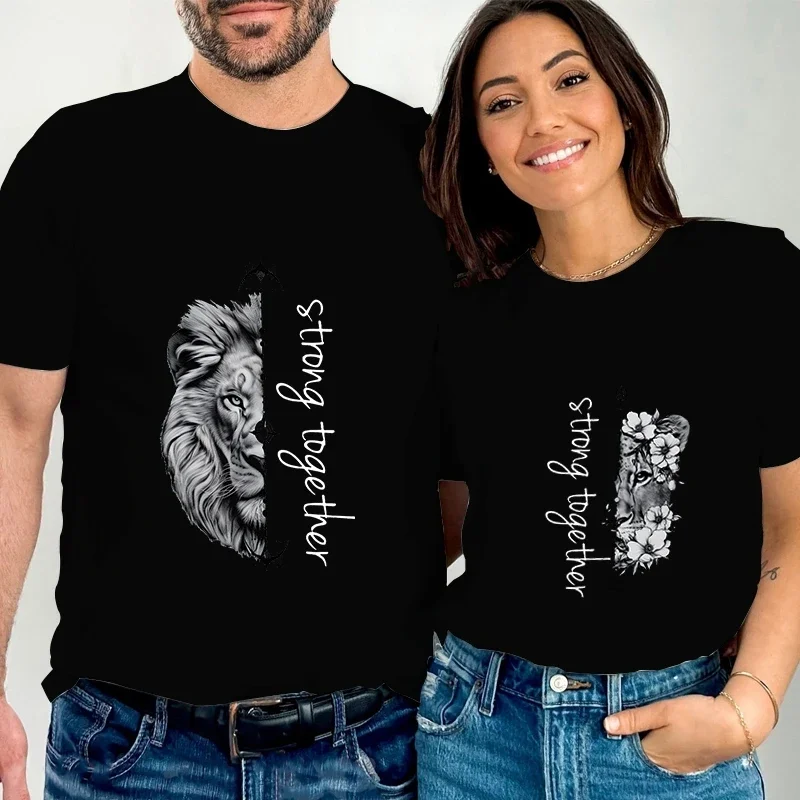 Strong Togeter Print Couples TShirt  Lion and Leopard Graphics Couples Fashion Women Man Shirt Wife Husband Funny Lovers T-shirt