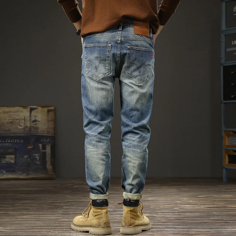 Newly Designer Fashion Men Jeans High Quality Retro Blue Elastic Slim Fit Ripped Jeans Men Trousers Vintage Denim Pants Hombre