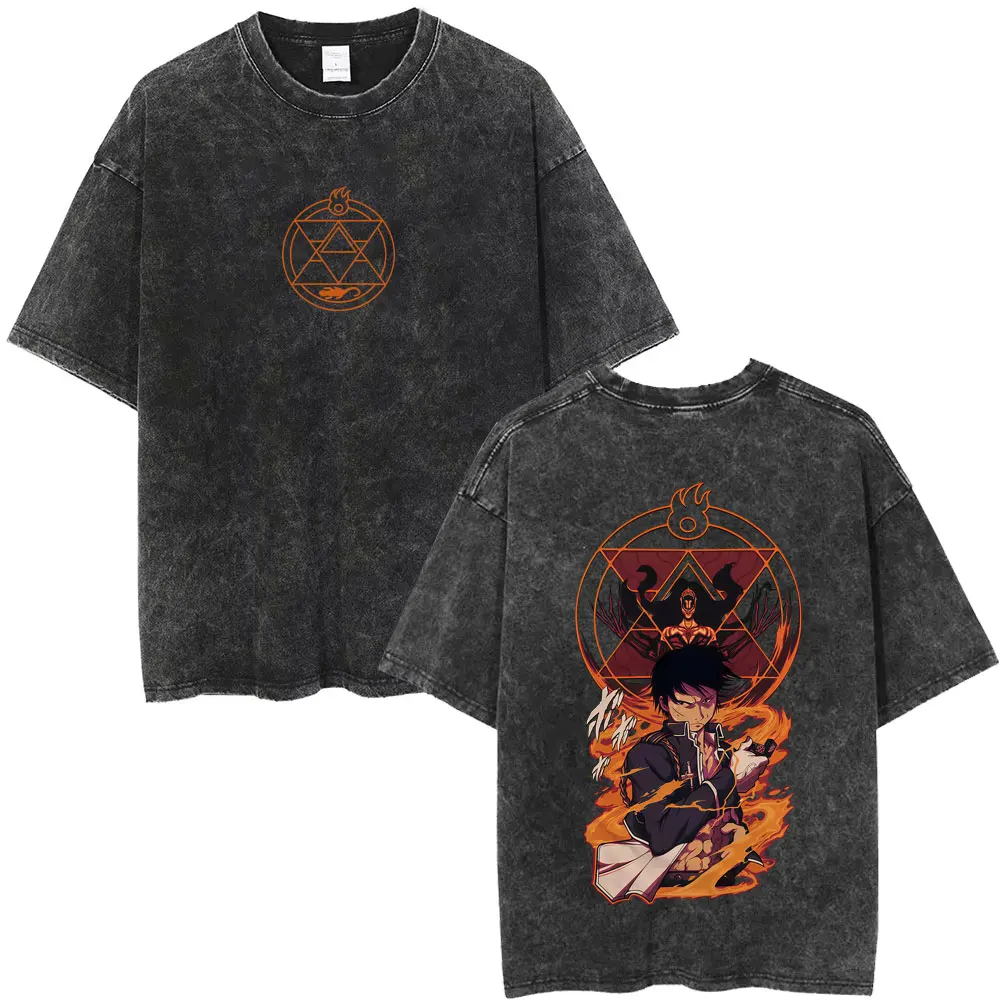 

Washed Vintage Anime Fullmetal Alchemist Roy Mustang Graphic T-shirt Men Cartoon Retro Oversized T Shirt Male Fashion Streetwear