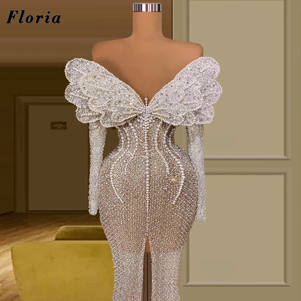 Floria Dubai Designed Mermaid Celebrity Dresses With Slit فساتين السهرة Beading Pearls Evening Dresses Red Carpet Runway Dress