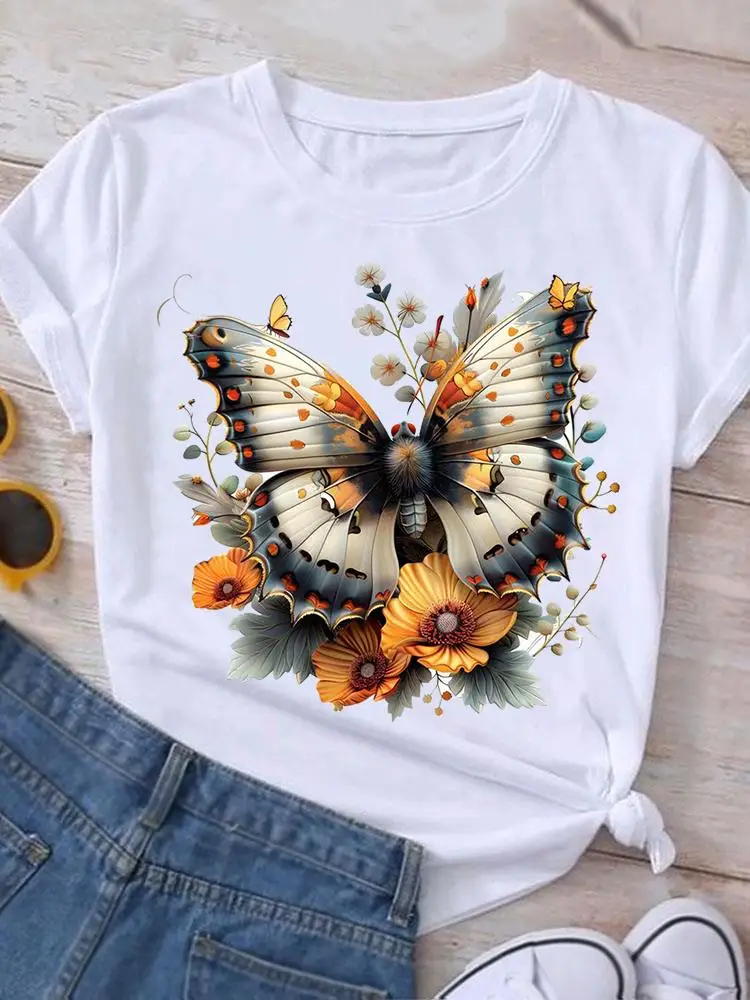 

Trend Butterfly Style Cute Women Ladies Casual Top Female Clothing Print White T Shirt Short Sleeve Tee Fashion Graphic T-Shirt