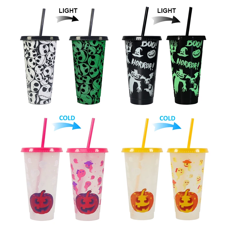 

25OZ Water Cup with Straw Color Changing Cups Eco-Friendly Sealing Cover Plastic Cups Milk Coffee Drinkware for Halloween Party