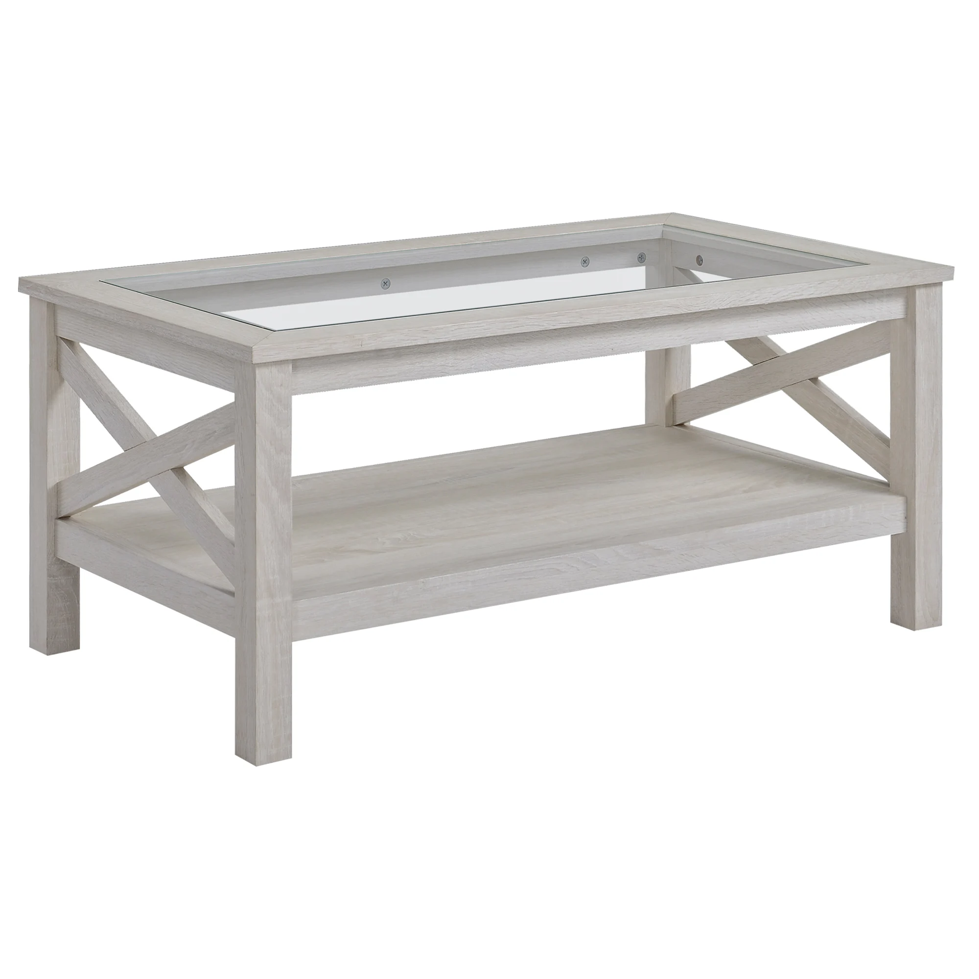 HOMCOM Farmhouse Style Coffee Table with Wood Frame, Tempered Glass Tabletop and Underneath Storage Shelf, Side Table for Living Room, 39.25