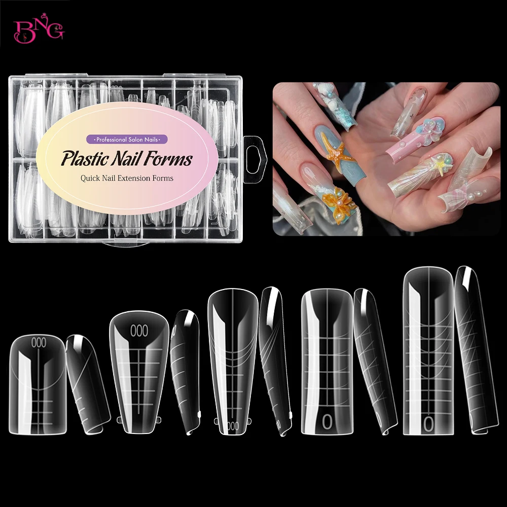 BNG Coffin Square Dual Nail Forms Reusable Full Cover Nail Molds Flexible Nail Extension Mold 14 Sizes 140Pcs