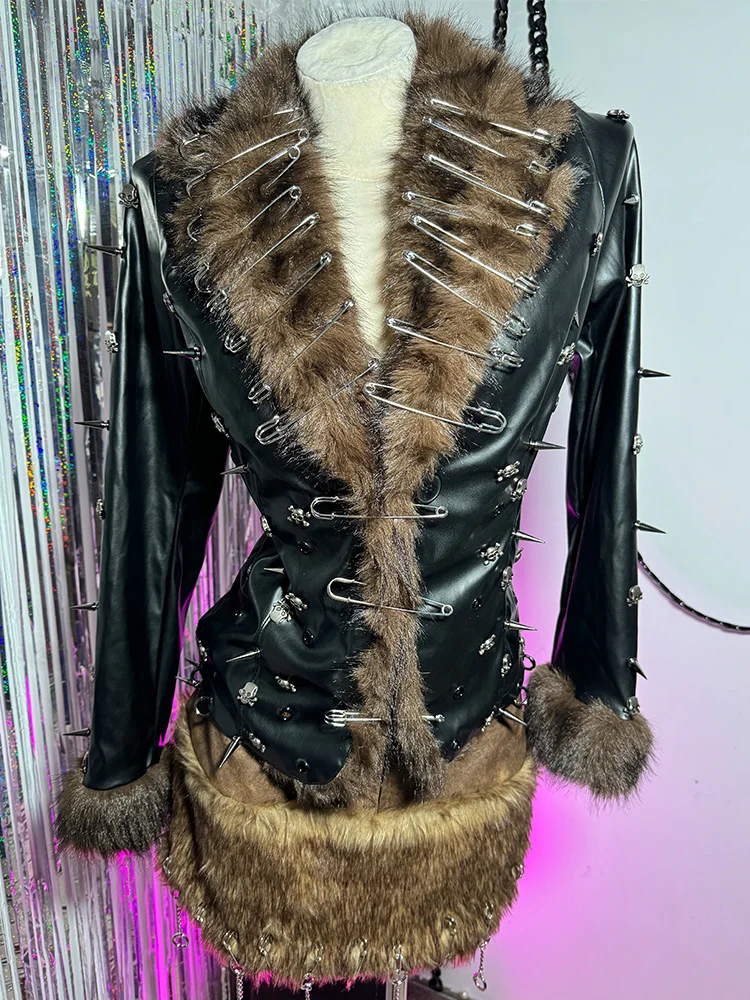 E-Girls لتقوم بها بنفسك Y2K نباتي جلدية فو الفراء سترة معطف القوطي ملابس للنادي دبوس الشرير الصخرة رصع في سن المراهقة الهيب هوب ايمو يدوية الجرونج