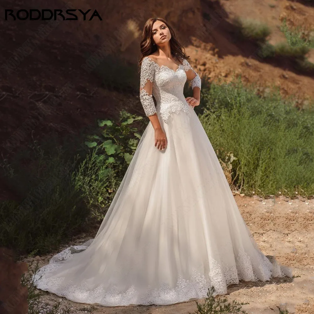 Vestido de novia de encaje princesa roddrsya 3 / 4 mangas calcomanía de cuello V traje de novia RODDRSYA-vestido De Novia De encaje De princesa, traje De Novia De corte en A, con escote en V, mangas 3/4, hecho a medida