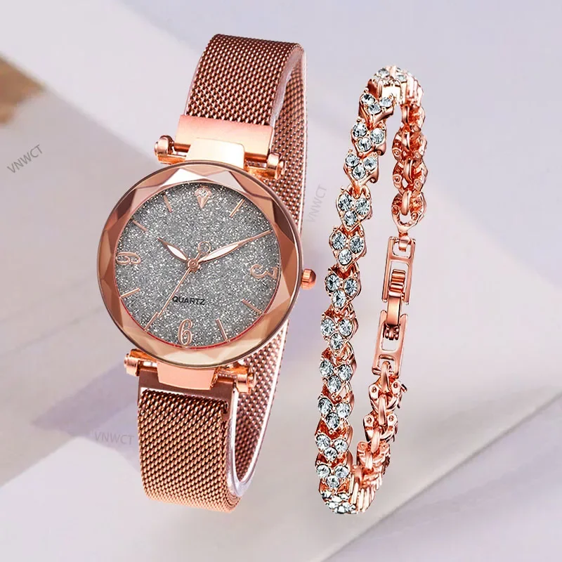 Women Watches Starry Sky Watch Fashion Heart-shaped Bracelet Gold Ladies Wristwatch Luxury Female Diamond Watch Set