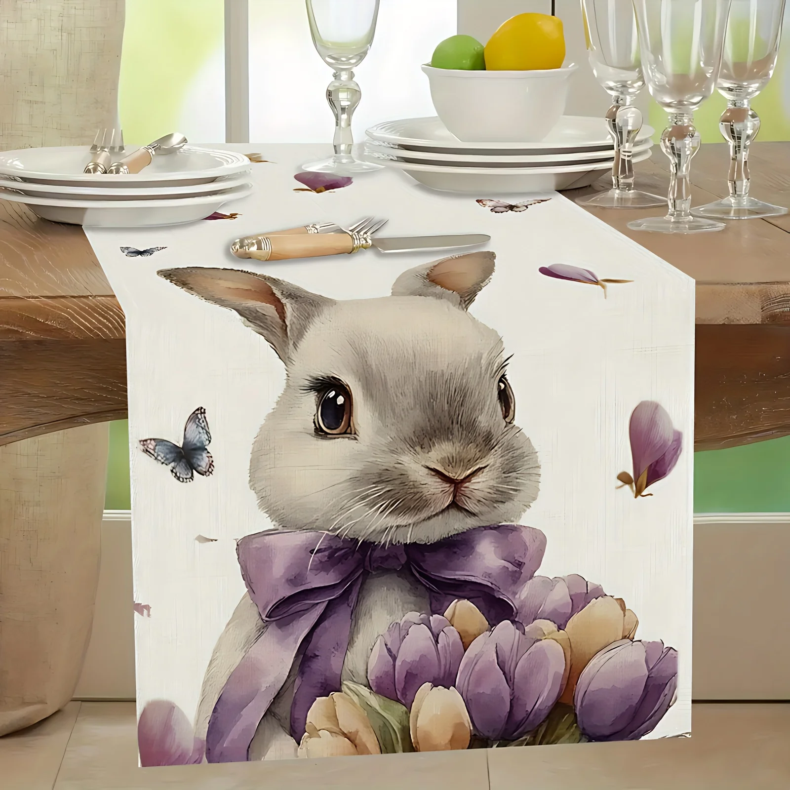 1pc Easter Happy Tablecloth Cute Rabbit and Floral Pattern, Polyester, Rectangular, Ideal for Gifts and Holiday Home Decor