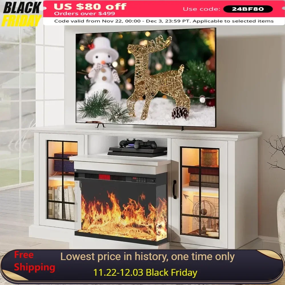 59'' Fireplace TV Stand Media Entertainment Center Console Table for TVs Up To 65'' with Glass Door Electric Fireplace