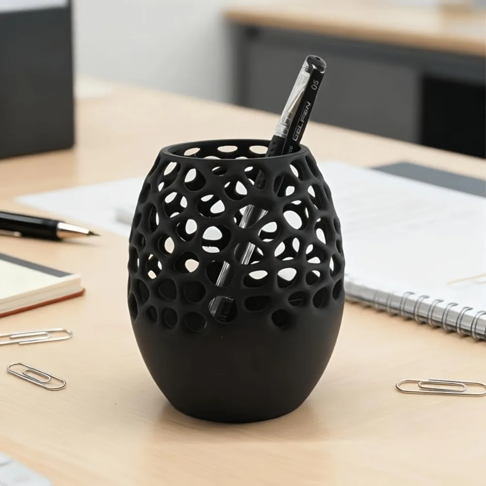 Honeycomb Hollow Design Pen Holder Black Minimalist Stationery Storage Container Desktop Creative Decoration Student Storage Box