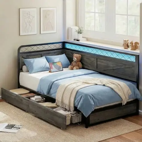 Corner Bed Frame Twin DayBed with Storage Drawers, Charcoal Grey | LED Lights, Charging Station, No Box Spring Needed
