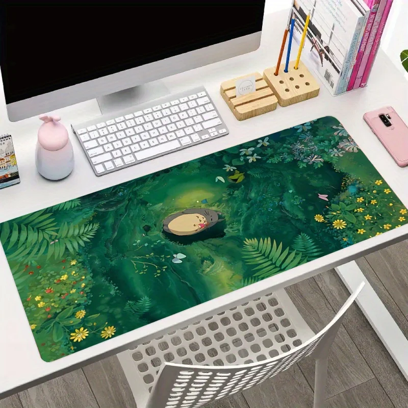 Cute Anime Gaming Mouse Pad with Stitched Edges - Large Desk Mat for Office and Home Use - Cottage Core Decor in Green