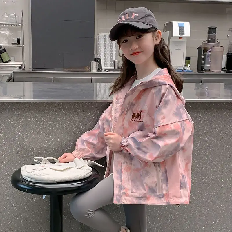 Girls Hooded Windbreaker Jacket 2025 Autumn New Arrival Korean Style Casual Outerwear for Kids Big Girls Outdoor Daily Coat