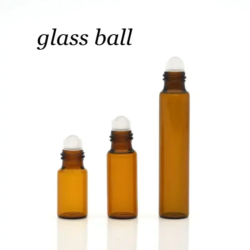 Botella de vidrio fino ámbar para pruebas de muestras, viales de aceite esencial con rodillo de Metal/Bola de vidrio, 20/50 piezas, 1ml, 2ml, 3ml,