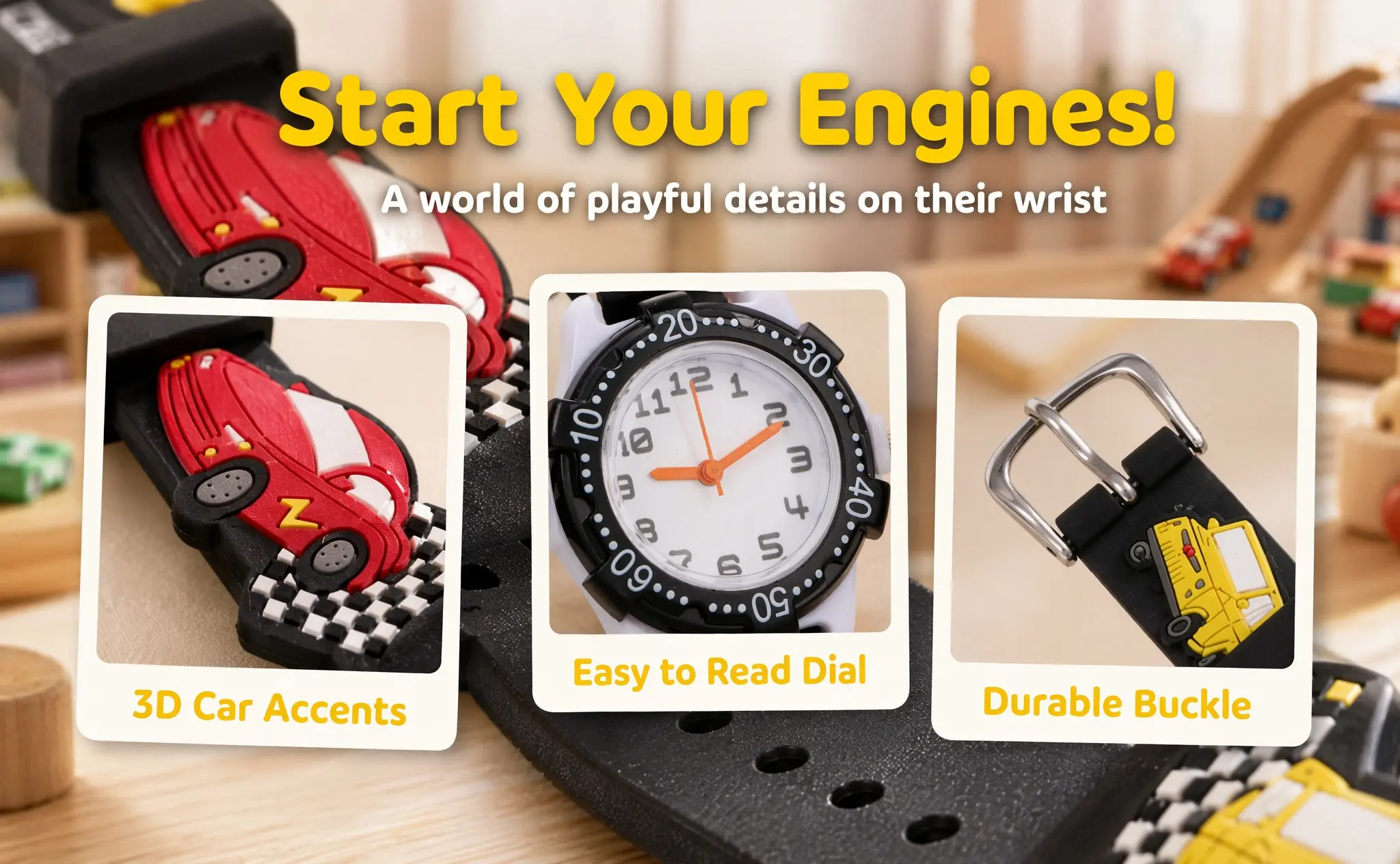 Cartoon Watch Waterproof Car Pattern 3D Design Wristwatch Timing Alarm Clock Accessories