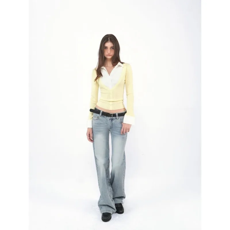 

2025 Early Autumn Patch Collar Slim Fit Versatile Fake Two-Piece Knitted Sweater New Top