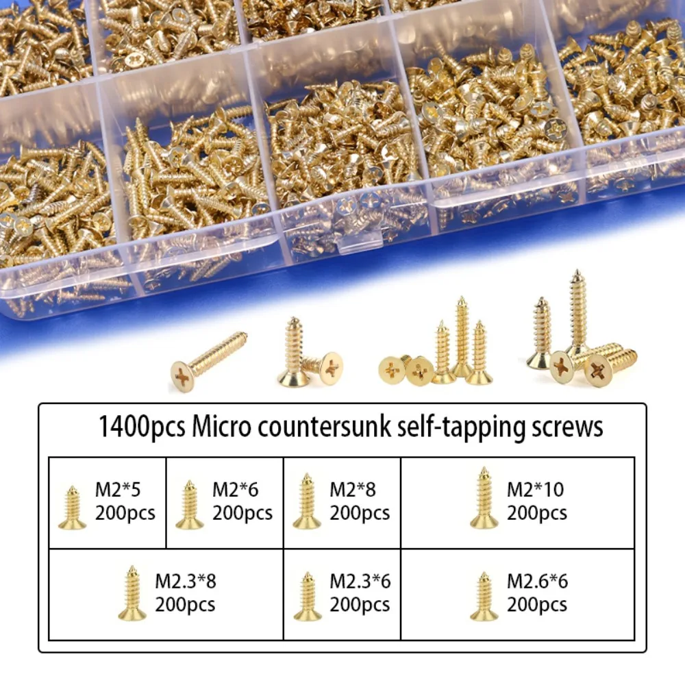 1400 Brass Self-Tapping Screws, Gold-Plated M2/M2.5 Screws, Suitable for Wooden Crafts and Vintage Storage Boxes