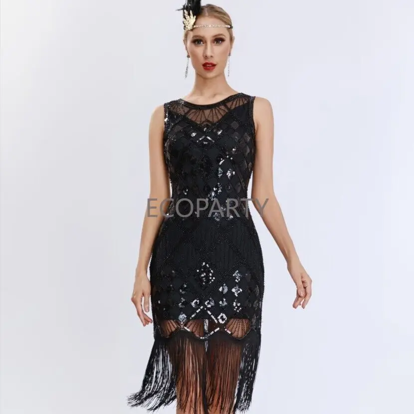 Women 1920s Vintage Sleeveless Flapper Dress Fringe Dress Roaring 20s Great Gatsby Sequins Beaded Wedding Guest Dresses Formal