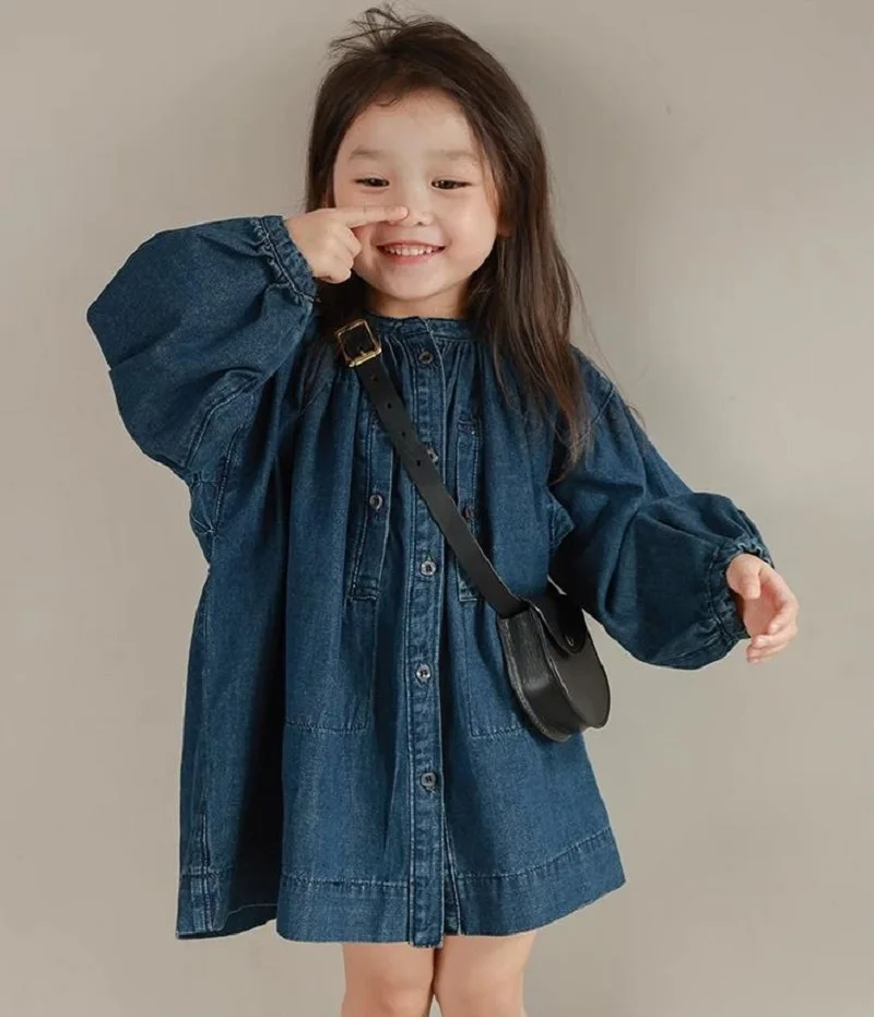 

Summer Spring Baby and Girls Cotton Plain Loose Single-Breasted Denim Dress School Kids Sweet Skirt Children Outfit Tops 2-8Yr