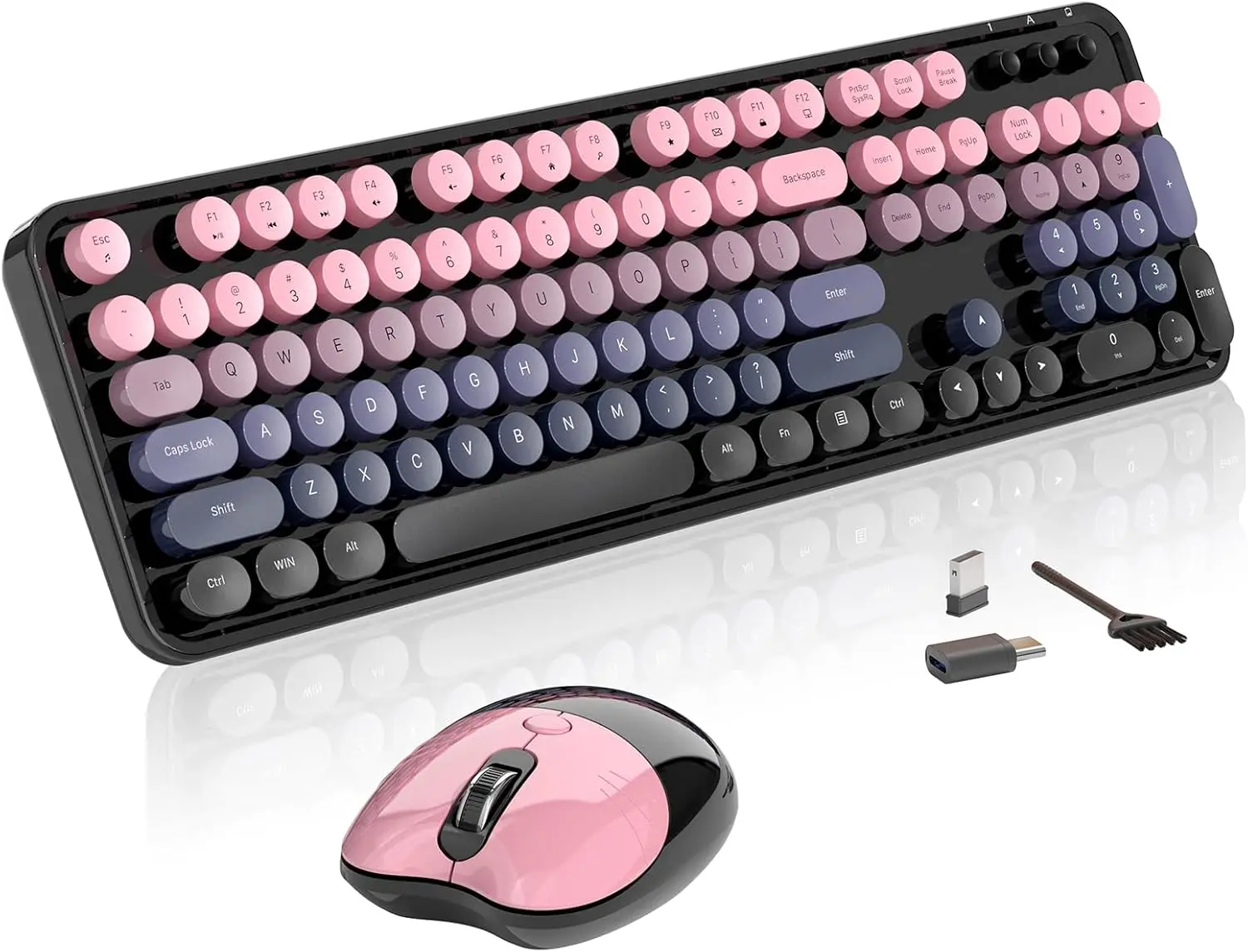 SGIAWETA-Wireless Keyboard and Mouse, 104 Round Keycaps Retro Typewriter with OTG & Brush, Full-Size Ergonomic-birthday