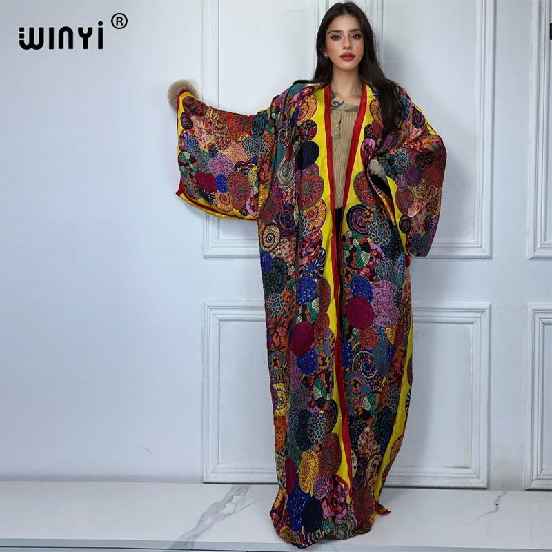 WINYI print Kimonos loose dresses for woman loose Cardigans beach outfits kaftan bikinis cover up evening dress long down coat