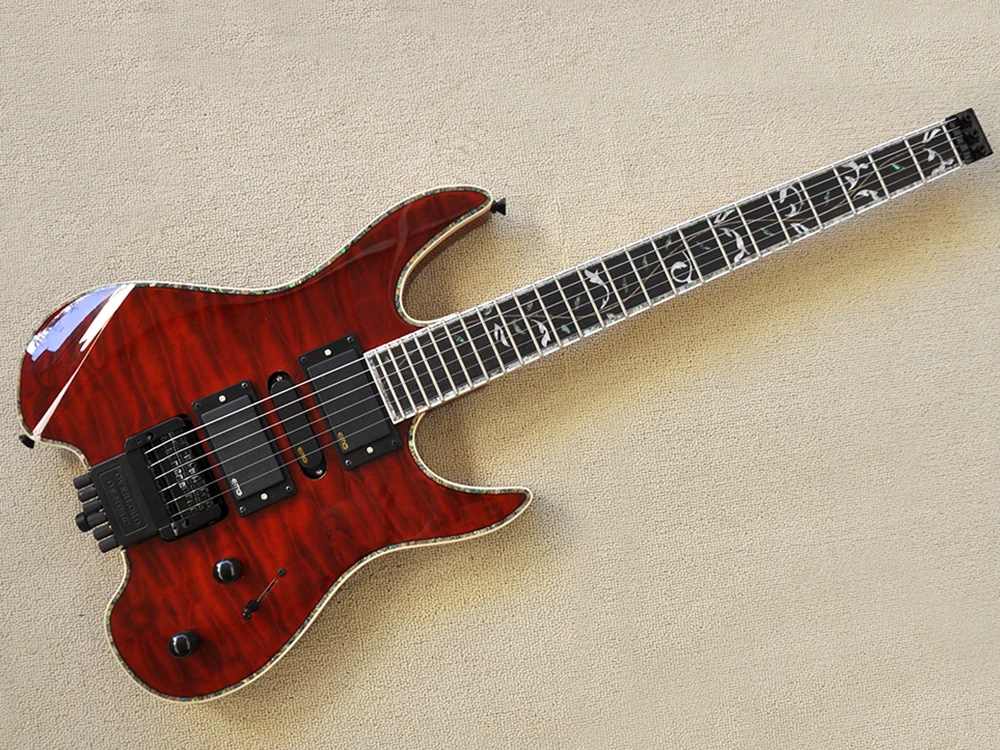 

6 Strings Red Headless Electric Guitar with Tremolo Bar,24 Frets,Rosewood Fretboard