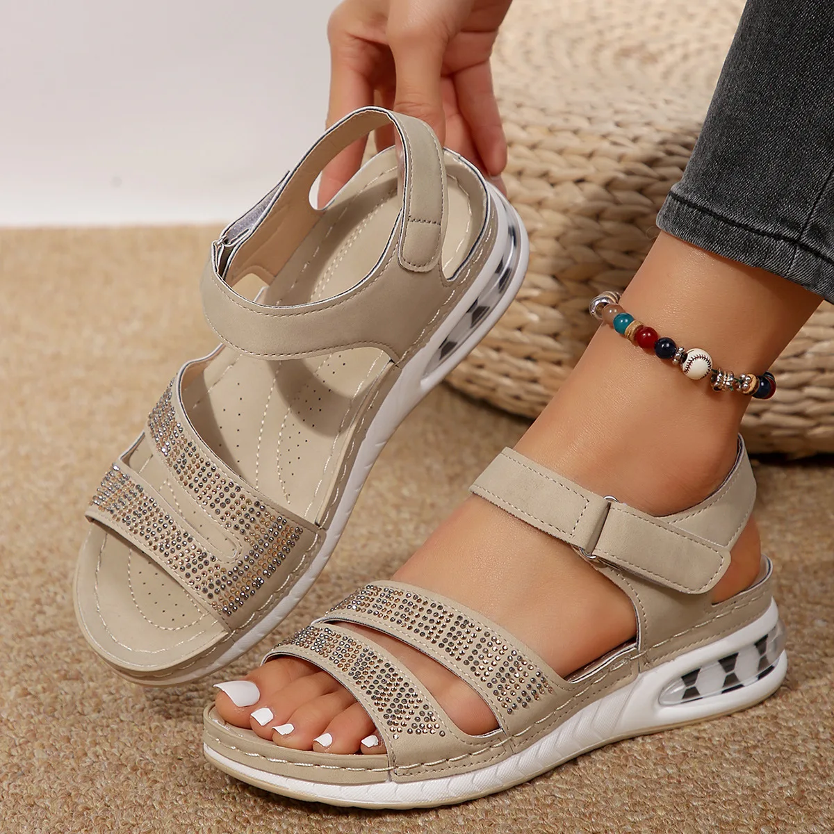 Thick-soled Wedge Heel Large Size Women's Sandals One-word with Sequins Rhinestones Thick-soled Air Cushion Sandals for Women