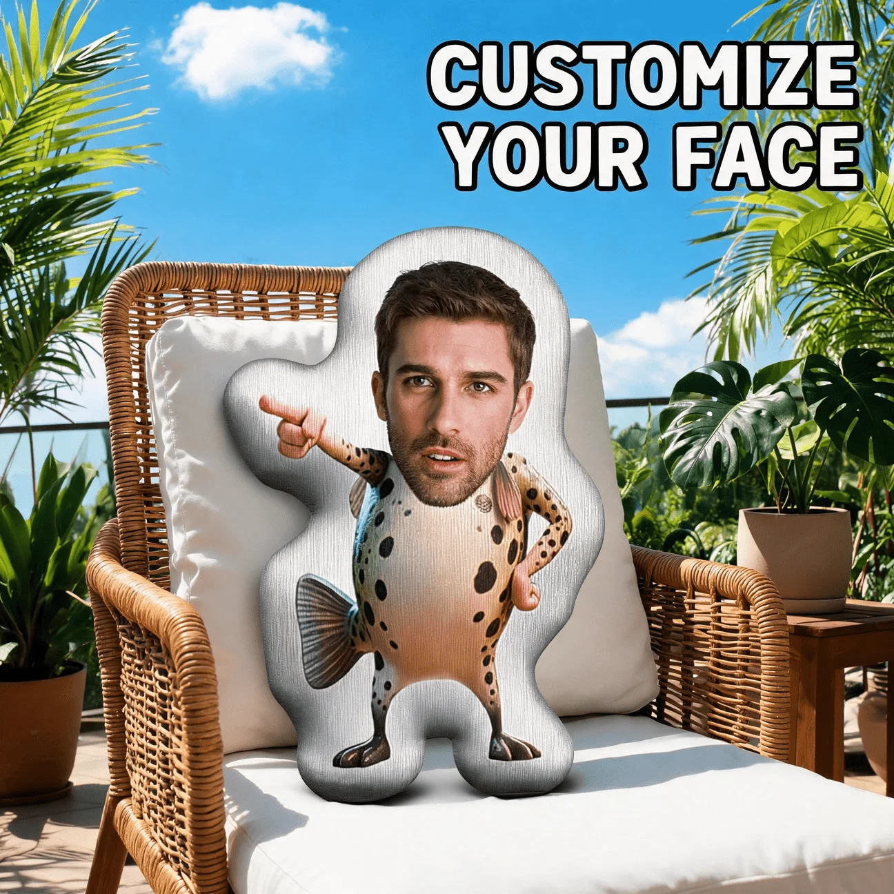 Custom Face Funny Shaped Pillow, Personalized Photo Man with Fish Body Pointing Decorative Cushion, Unique Novelty Home Decor Ac