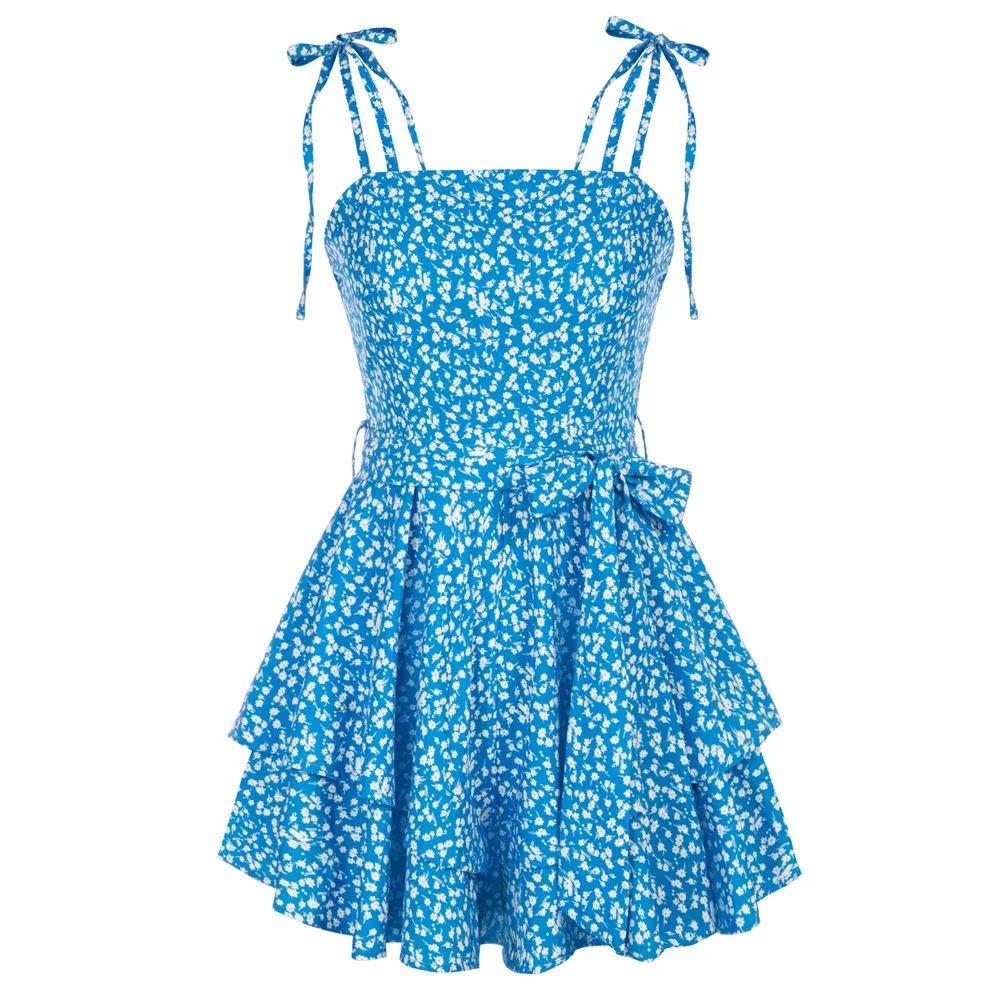 Zexxxy Women Bodysuit Floral Printed Spaghetti Straps Romper Elastic Back Dual-Layer Wide Leg Playsuit Lolita Boho Jumpsuit