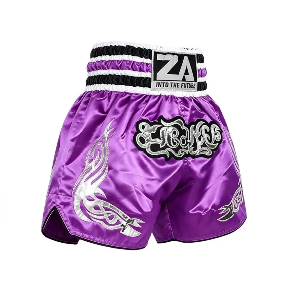 New Satin Material Muay Thai Shorts Embroidery Design Purple Color Boxing Shorts Classic Style Fight Shorts MMA Training