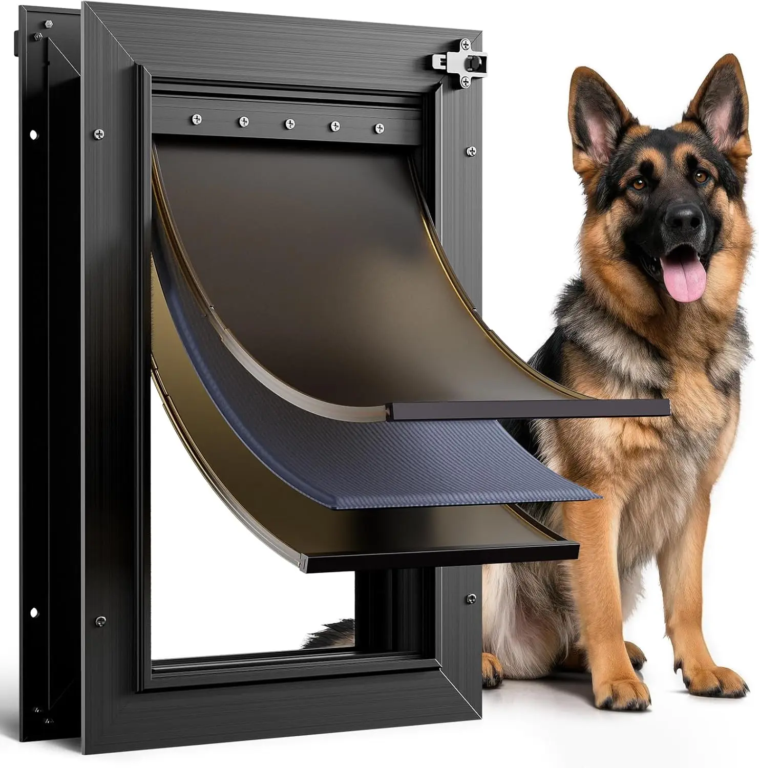 Heavy Duty Aluminum Dog Door, 3 Flaps Black, Insulation Design, Telescoping Tunnel for Pets Up to 110lb